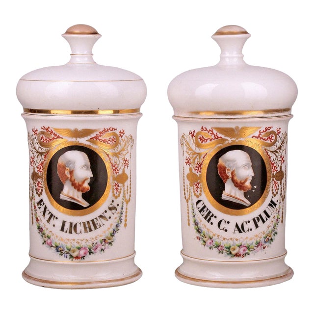 Set of 2 Mid 19th Century French Neoclassical Hand-Crafted Glazed Porcelain Apothecary/Pharmacy Jars With Lids Signed by Langlois For Sale