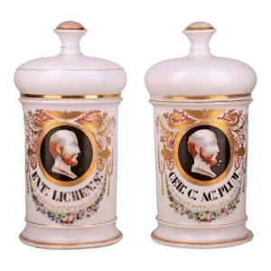 Set of 2 Mid 19th Century French Neoclassical Hand-Crafted Glazed Porcelain Apothecary/Pharmacy Jars With Lids Signed by Langlois