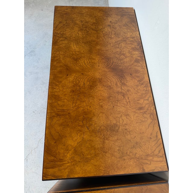 Pair of Vintage John Widdicomb Burl Wood Veneer & Brass Nightstands/ Sold For Sale In Miami - Image 6 of 12