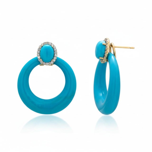 14KYl Gold Door Knocker Clip-on Earrings With Turquoise & Diamond 66.46ct Status:Published - Marketplace, Pair For Sale In New York - Image 6 of 9