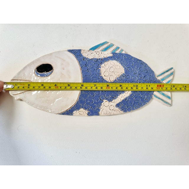 Blue Mid 20th Century Handmade Coastal Ceramic Fish Wall Plaque | Blue & White Textured Pottery Sculpture For Sale - Image 8 of 9