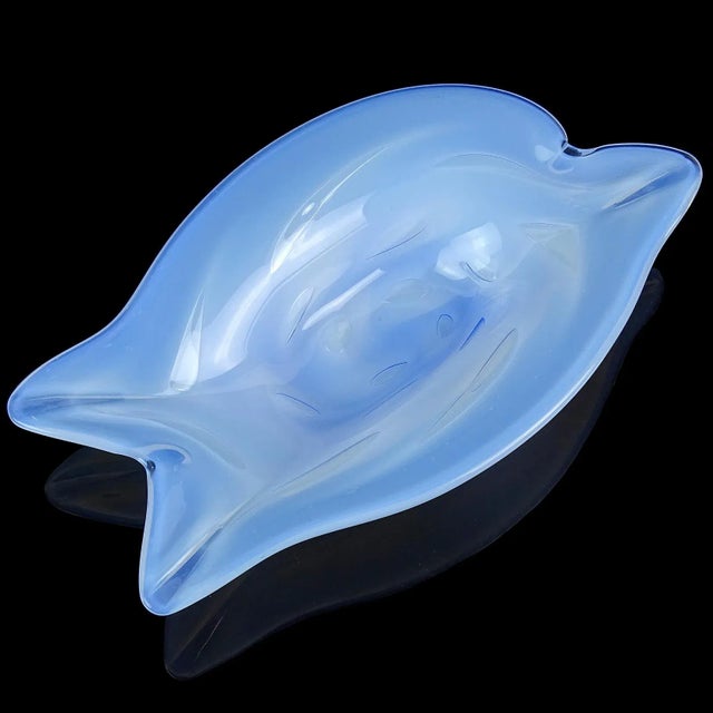 Beautiful vintage Murano hand blown soft sky blue over white opalescent Italian art glass bowl with large bubble...