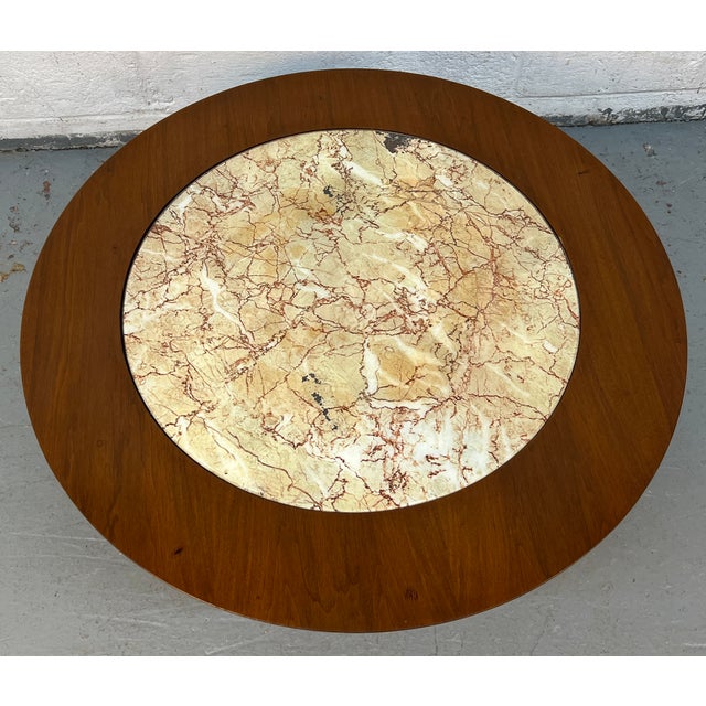 Mid-Century Modern Wood Coffee Table W/ Faux Marble Glass Top For Sale - Image 4 of 11