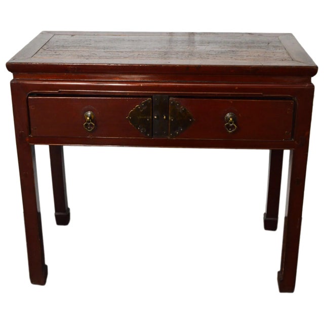 Red-Lacquered Chinese 19th Century Two-Drawer Desk with Brass Hardware For Sale - Image 9 of 9