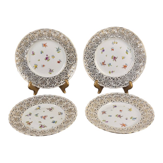 Vintage Saxonia Dresden Painted Floral Gilded Reticulated Plates - Set of Four For Sale - Image 10 of 10