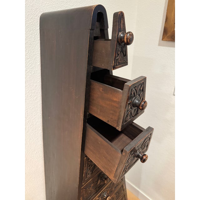 Late 20th Century Vintage Indonesian Style Hand-Carved Wood Pyramid Chest, 11 Drawers, 60” For Sale - Image 5 of 11