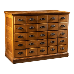 c. 1910s Oak Wood Long Drawer Apothecary Cabinet