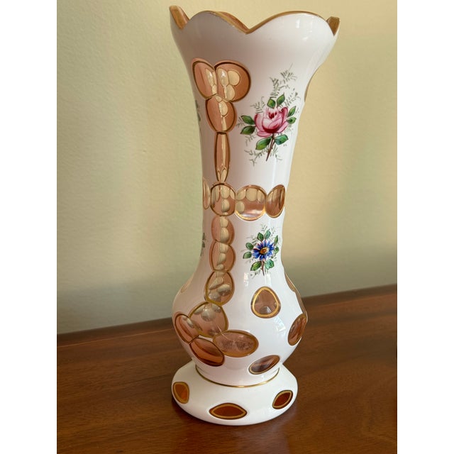 White Pair of Antique Bohemian Cased Art Glass Vases White and Blush Pink Enamel Floral - 2 Pieces For Sale - Image 8 of 11
