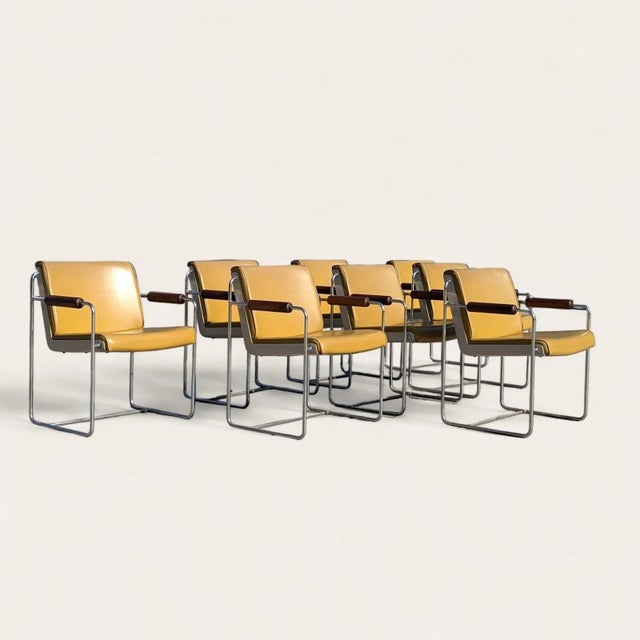 1960s Set of Eight Krueger Afka Mustard Vinyl, Walnut & Chrome Armchairs, C. 1969 For Sale - Image 5 of 10