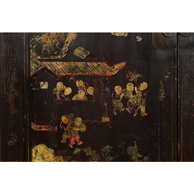 Black 19th Century Qing Dynasty Two-Door Cabinet with Hand-Painted Décor and Original Black Lacquer For Sale - Image 8 of 12