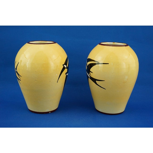 Vintage Art Deco Ceramic Egg Vases with Swallow Decoration by M.A.A. Fama, 1930s, Set of 2 For Sale - Image 3 of 18