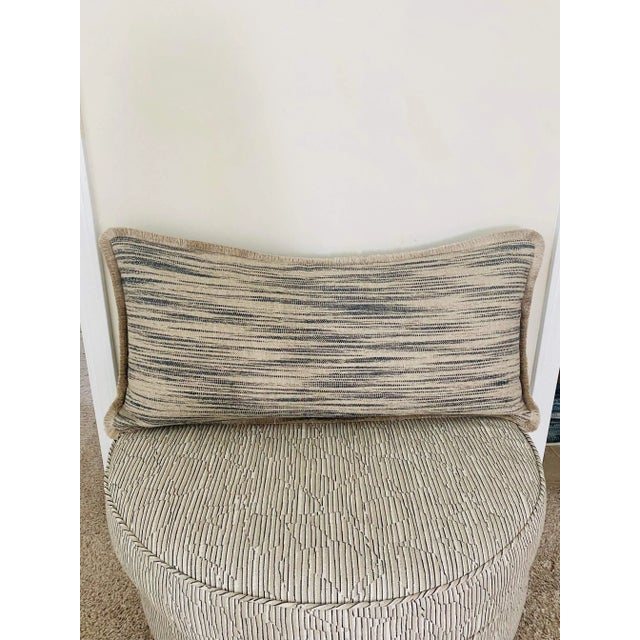 Rustic 14” X 31” Designer Linen Flax Woven Navy Blue Ecru Lumbar Pillow Cover With Fringe For Sale - Image 3 of 5