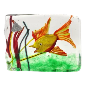 Murano Yellow Orange Silver Flecks Fish Vintage Italian Art Glass Mid Century Aquarium Block Sculpture