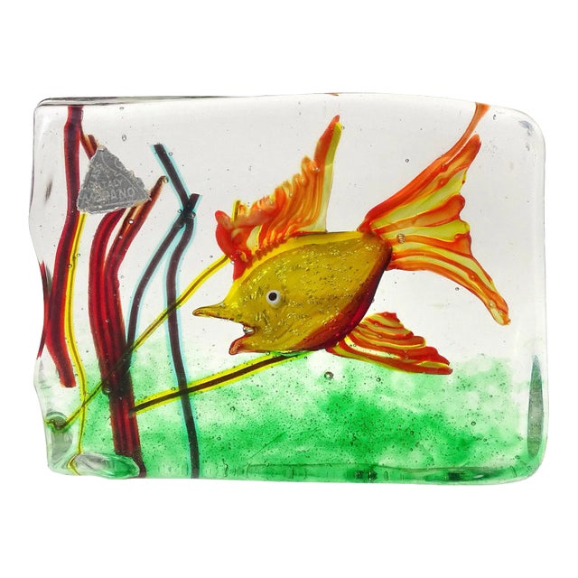 Vintage Murano Yellow Orange Silver Flecks Fish Italian Art Glass Mid Century Aquarium Block Sculpture For Sale