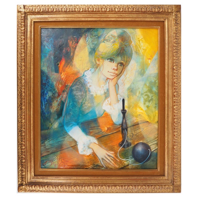 Jean-Baptiste Valadie, Meditation, The Young Girl with the Cup and Ball, 1975, Oil on Canvas For Sale