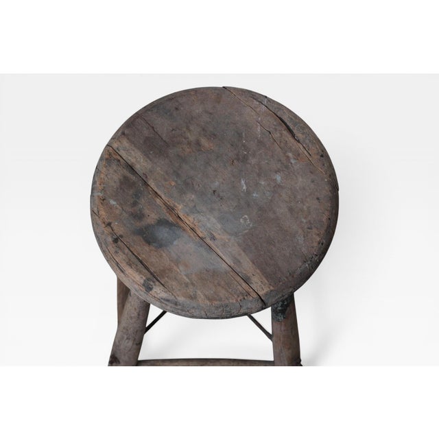 1920s French Rustic Workshop Stool With Iron Stretcher For Sale - Image 14 of 18