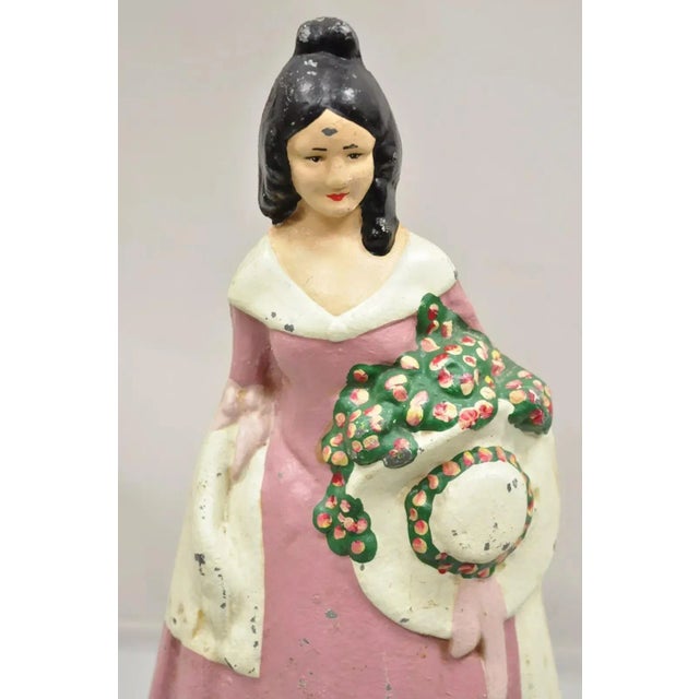 Victorian Antique Victorian Tall Cast Iron Painted Figural Woman Pink Dress Door Stop For Sale - Image 3 of 10