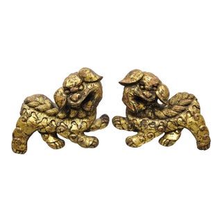 Vintage Carved Wood Gold Gilt Chinese Foo Dog Figurines - a Pair For Sale