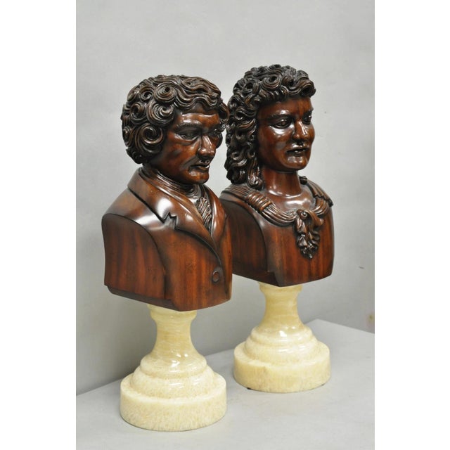 Classical Roman Late 20th Century Classical Maitland Smith Style Carved Mahogany Wood Bust on Alabaster - A Pair For Sale - Image 3 of 15