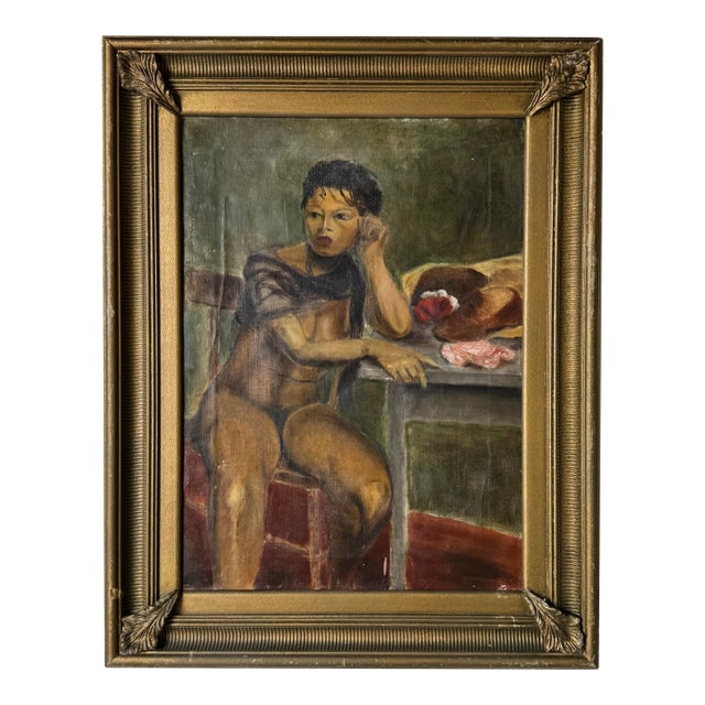 1960s Vintage Nude Woman Sitting – Oil on Canvas Painting, Framed For Sale