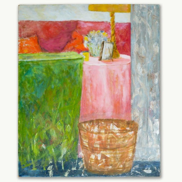 Still Life depicting a basket behind a table. Signed by the artist in the lower right corner. Jean Hannon grew up in...