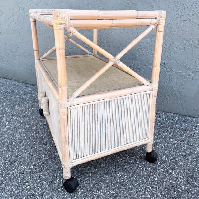 Wood Boho Chic White Washed Bamboo Reed and Grass Cloth Bar Cart For Sale - Image 7 of 9