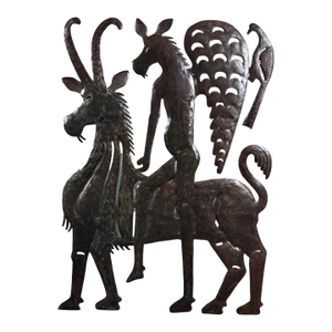 Large Vintage Cut-Metal Folk Art Steel Sculpture With Winged Animal by Serge Jolimeau, Signed