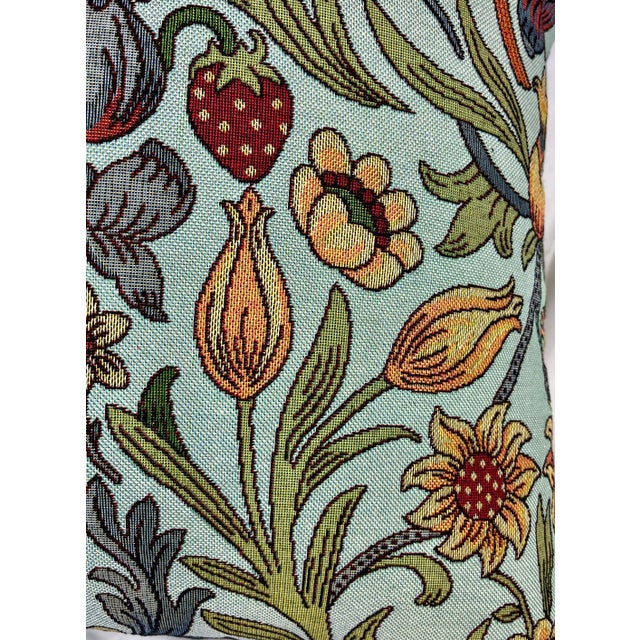 Blue 20" Square Decorative Throw Pillow Embellished With a Renaissance Tapestry Look Floral Pattern Including Birds & Strawberries - Made in the U K For Sale - Image 8 of 12