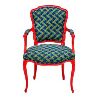 French Fauteuil Red Armchair With Milton Textiles Houndstooth For Sale