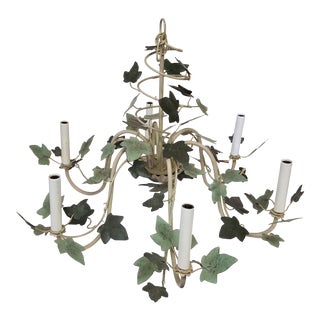 1960s Five Arm Ivory Iron and Tole Ivy Chandelier For Sale