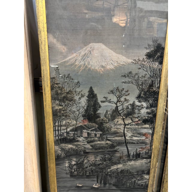 Wood Early 20th Century Japanese Hand Painted Mountain Motif on Fabric For Sale - Image 7 of 11