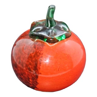 Vintage Inspired Hand Blown Red Glass Apple Paperweight With Green Stem For Sale