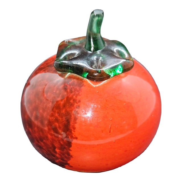 Vintage Inspired Hand Blown Red Glass Apple Paperweight With Green Stem For Sale