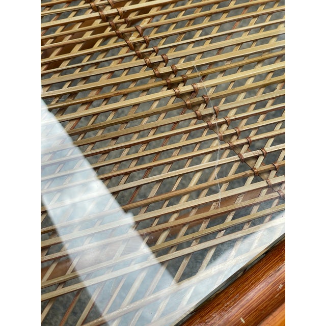 Brown Late 20th Century Coastal Bamboo Sofa Console Table Server Rattan Glass Top For Sale - Image 8 of 12