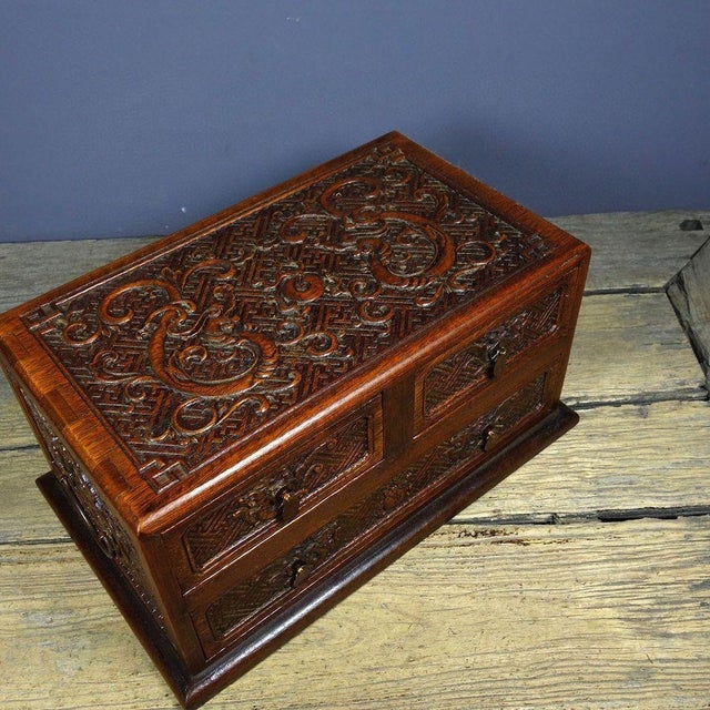 Vintage Huali Wood Tabletop Cabinet, Double Dragon Relief Motif For Sale - Image 4 of 9