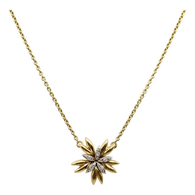 1950s French 18k Gold Mid-Century Flower Pendant Necklace With Diamonds For Sale