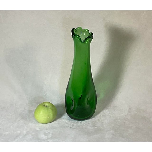 Vintage MCM Handmade Green Swung Dimple Vase Glass Art For Sale In Greenville, SC - Image 6 of 12