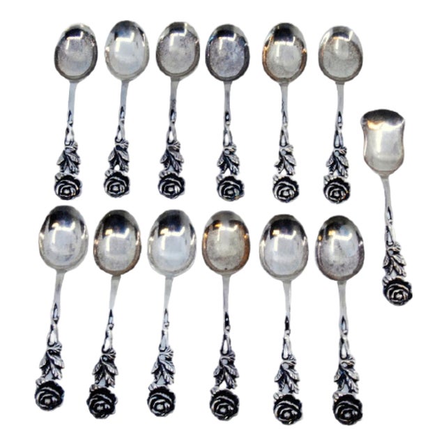 Silver Coffee Spoons and Sugar Shovel with Flower and Leaf Handle Reliefs, Set of 12 For Sale