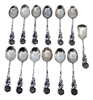 Silver Coffee Spoons and Sugar Shovel with Flower and Leaf Handle Reliefs, Set of 12