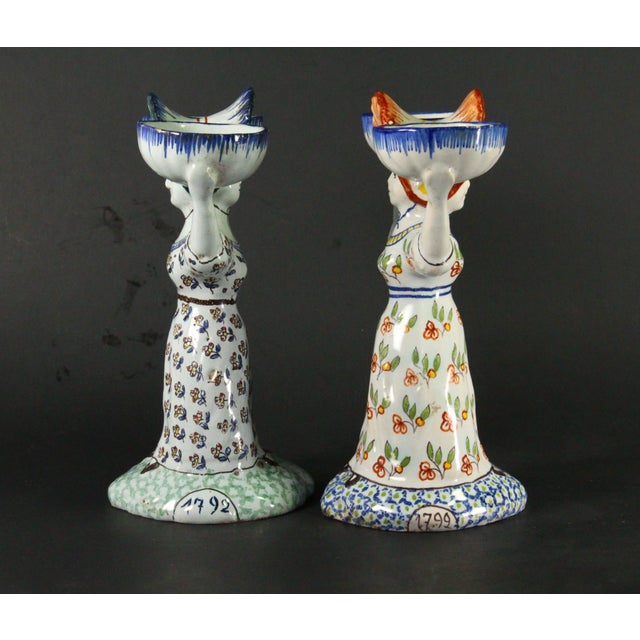 French Provincial 1863-1900 Pair of French Faience Double Salts Bretonne Women 1792, Desvres For Sale - Image 3 of 18