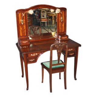 1920's Art Nouveau Mahogany Ormolu Mounted Vanity and Majorelle Stool For Sale