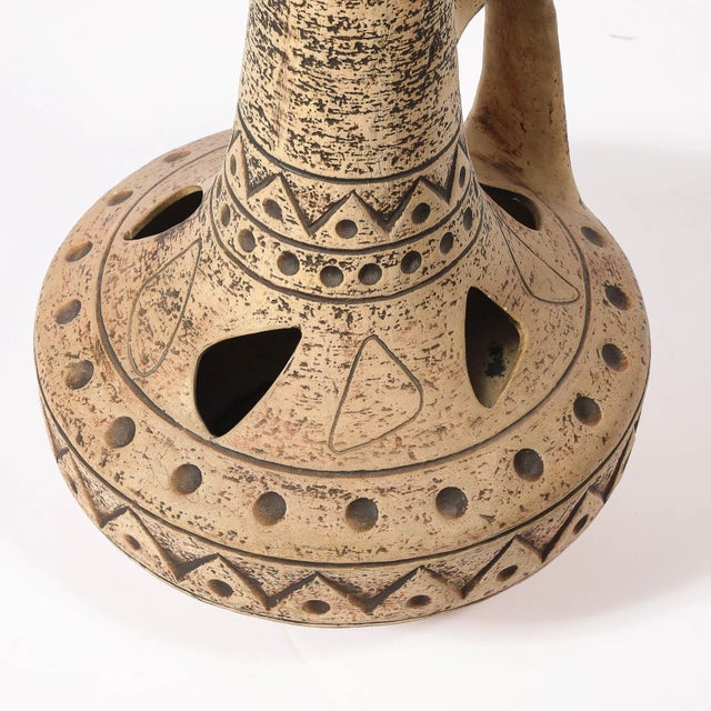Mid-Century Ceramic Table Lamp W/ Geometric Umber Motifs & Organic Cutout Detail For Sale - Image 11 of 14