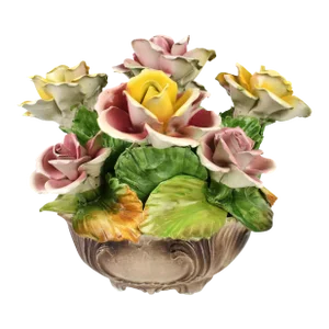 Mid 20th Century Italian Capodimonte Art Roses Bowl Basket Bouquet