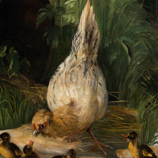 Wood 20th C. Orig. Oil on Canvas Painting of Hen & Ducklings at Pond by A. Mackeprang For Sale - Image 7 of 9