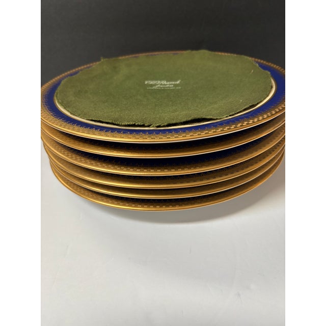 Gold 1940s Stouffer Fine China Gold Encrusted Cobalt Blue Porcelain Dinner Plates Set of 6 For Sale - Image 8 of 10
