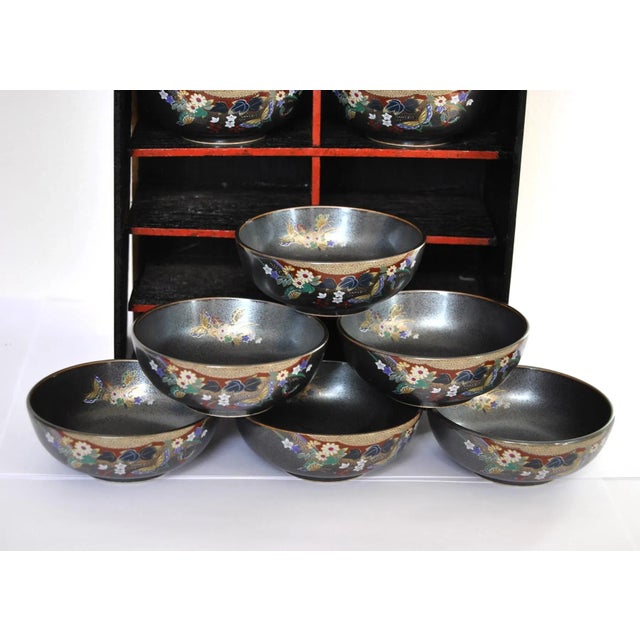Satsuma Kagoshima Black Satsuma Condiment Bowls With Wood Cabinet Display - 10 Piece Set For Sale - Image 4 of 11