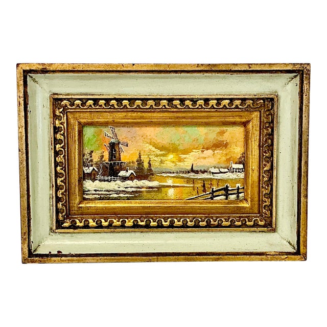 1950s Vintage Impressionist Rustic Holland Winter Landscape Original Oil Painting. For Sale