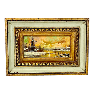 1950s Vintage Impressionist Rustic Holland Winter Landscape Original Oil Painting