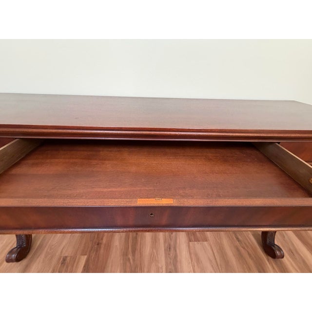 Brown Late 20th Century Polo Ralph Lauren Mahogany Regency Console Table 72in Carved Scroll Legs For Sale - Image 8 of 15