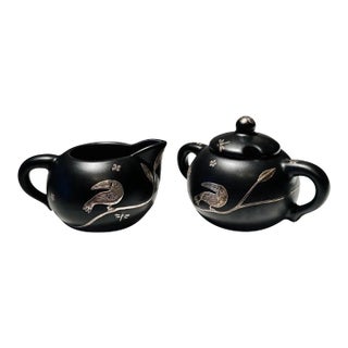 Vintage 1990s Emilia Castillo Silver Black Ceramic Toucan Sugar Bowl Creamer Set For Sale